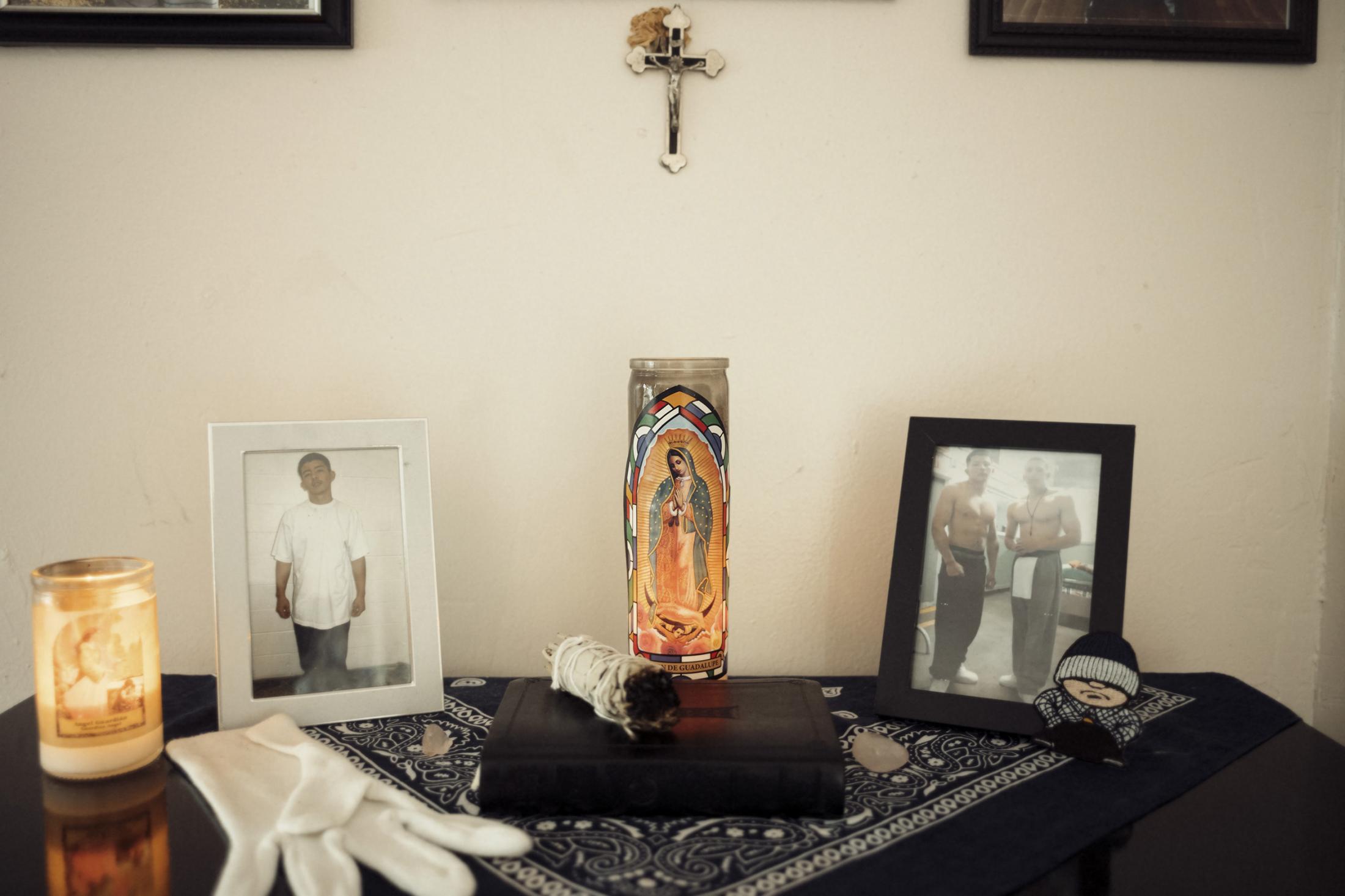 An altar for Marcus Tapia&#39;s best friend, &quot;Yayo,&quot; who was gunned down soon after their mutual release from California...