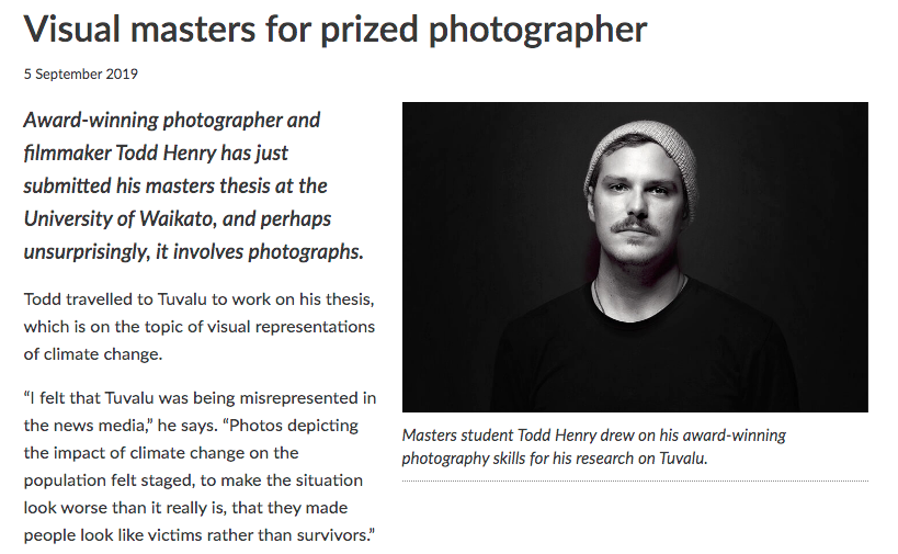 Thumbnail of Waikato University News: "Visual masters for prized photographer"