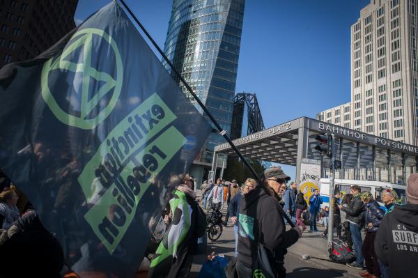   Extinction Rebellion take Potsdamer Platz, Berlin, Germany. A week of world wide protest against climate change and the inaction of governments globally to come to terms with the approaching disaster.  