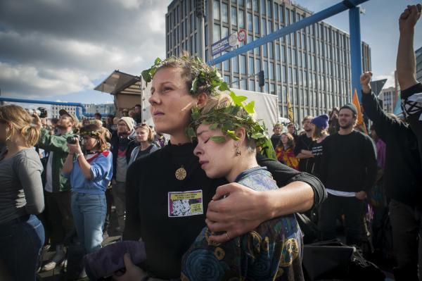   Extinction Rebellion take Potsdamer Platz, Berlin, Germany. A week of world wide protest against climate change and the inaction of governments globally to come to terms with the approaching disaster.  