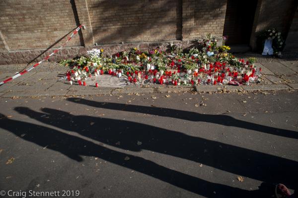   The Synagogue on Humbold Strasse, Halle (Saale), Germany. A far right gun man had attacked the Synagogue 3 days earlier but failed to gain entrance. Tributes of flowers and lit candles have been placed to one of the killed outside the Synagogue during the Gunman&lsquo;s attack.  