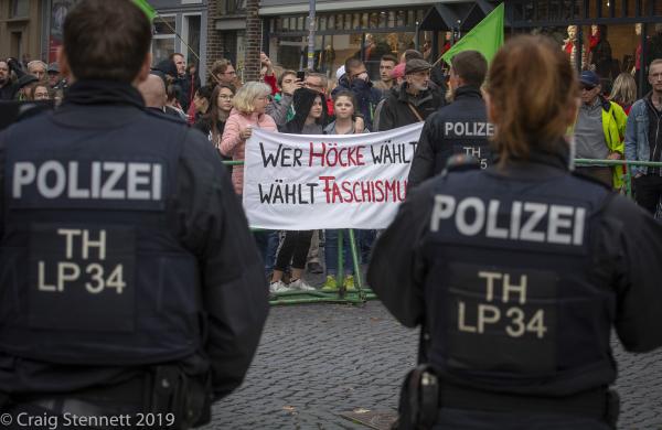 Protesters to the AfD political rally in Gotha, Thuringia, Germany. The banner reads &#39;A vote for H&ouml;cke is a vote for Fascism&#39;.