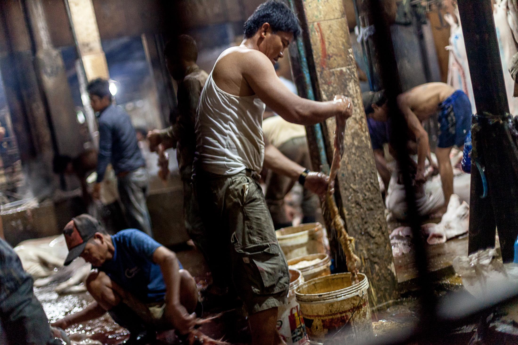 Inside a Cambodian Slaughterhouse - SIEM REAP, CAMBODIA - FEBRUARY 22: A worker cleans...