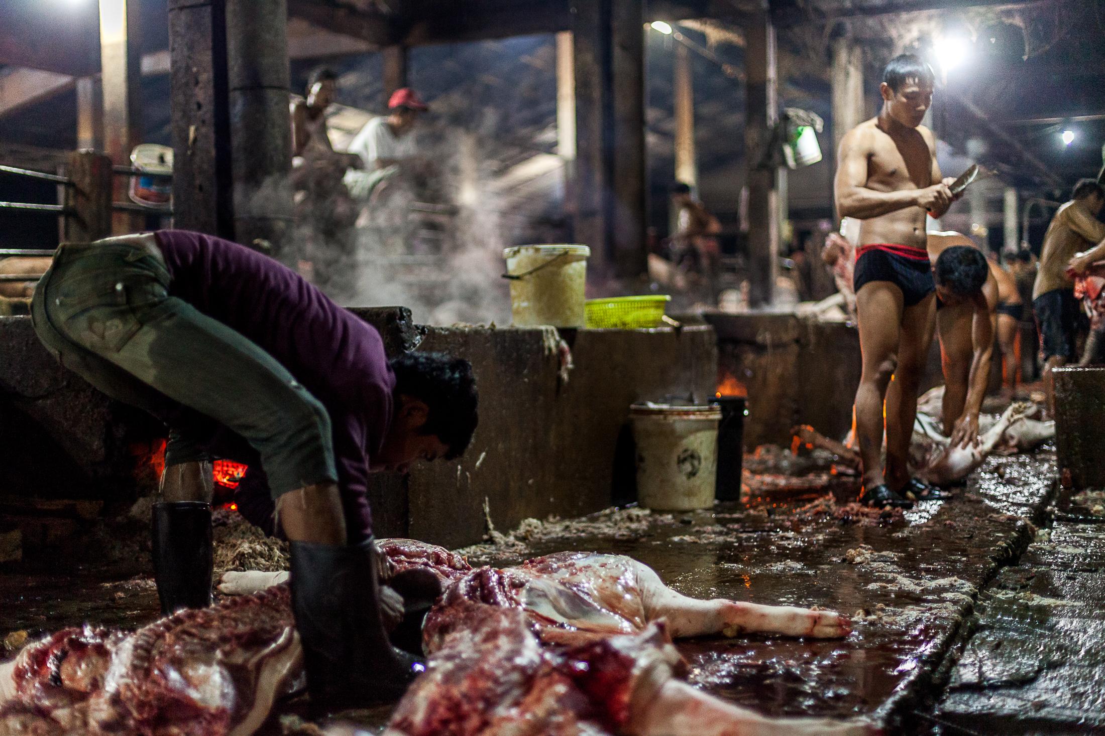 Inside a Cambodian Slaughterhouse - SIEM REAP, CAMBODIA - FEBRUARY 22: A worker cuts...