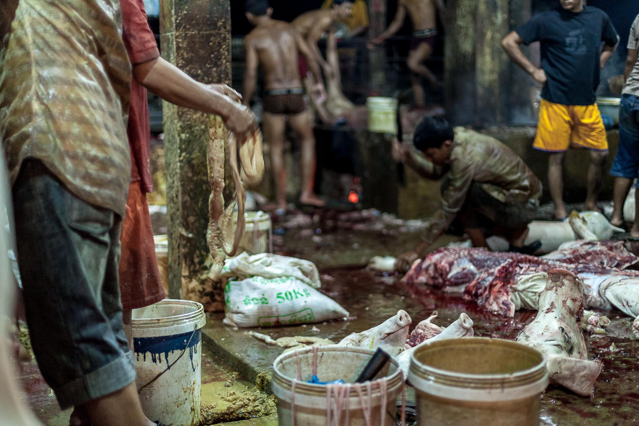 Inside a Cambodian Slaughterhouse - SIEM REAP, CAMBODIA - FEBRUARY 22: Workers cut up dead...