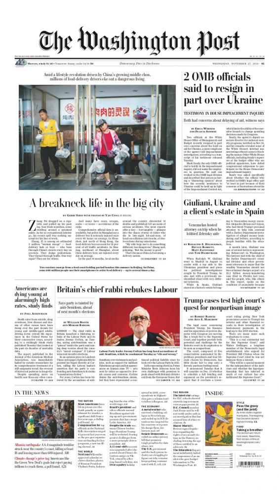 Thumbnail of Story about food delivery in China on Washington Post A1