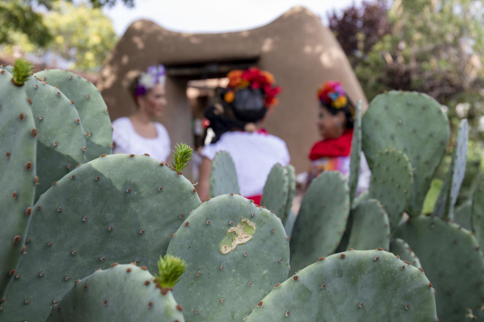 Women dressed up as Frida Kahlo...f some cacti during the Fiesta.