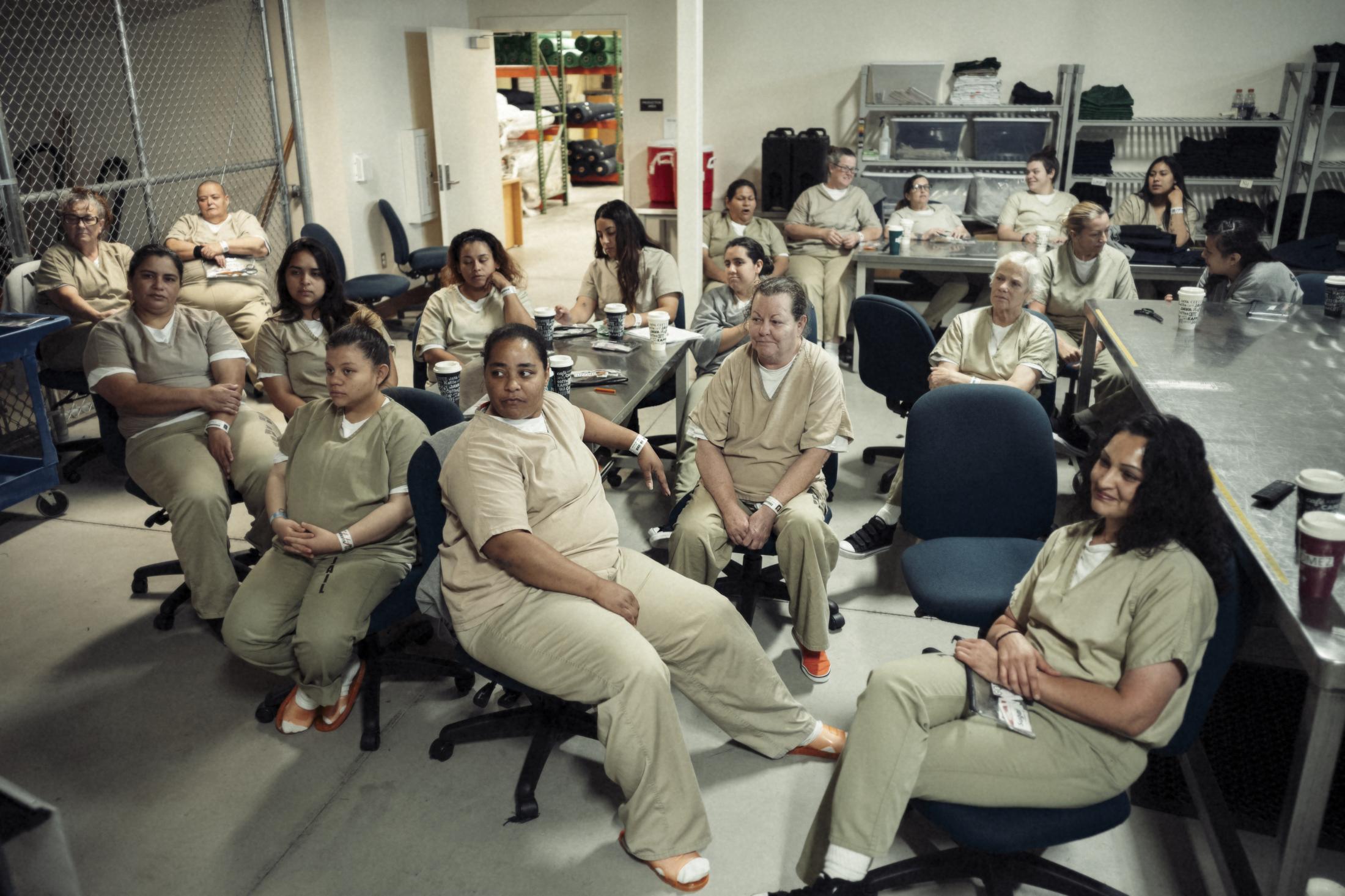 Women enrolled in honors/work programs at Las Colinas correctional facility get additional freedoms. &nbsp;Women take a break from sewing...