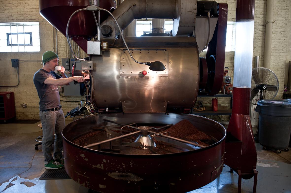 A part of the roasting &nbsp;process involves testing constantly the the flavour and aroma of the beans. Roasting works, Intelligentsia,...