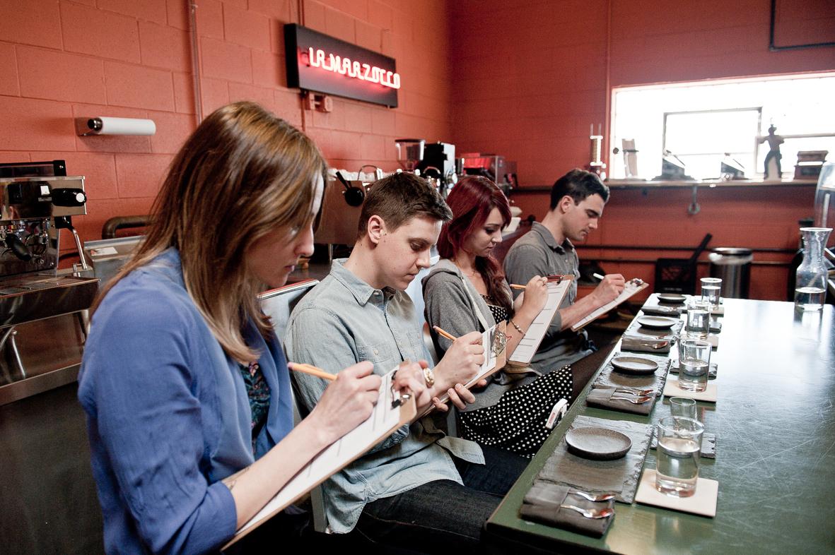 Aroma - Baristas during an exam at the training lab. Chicago....