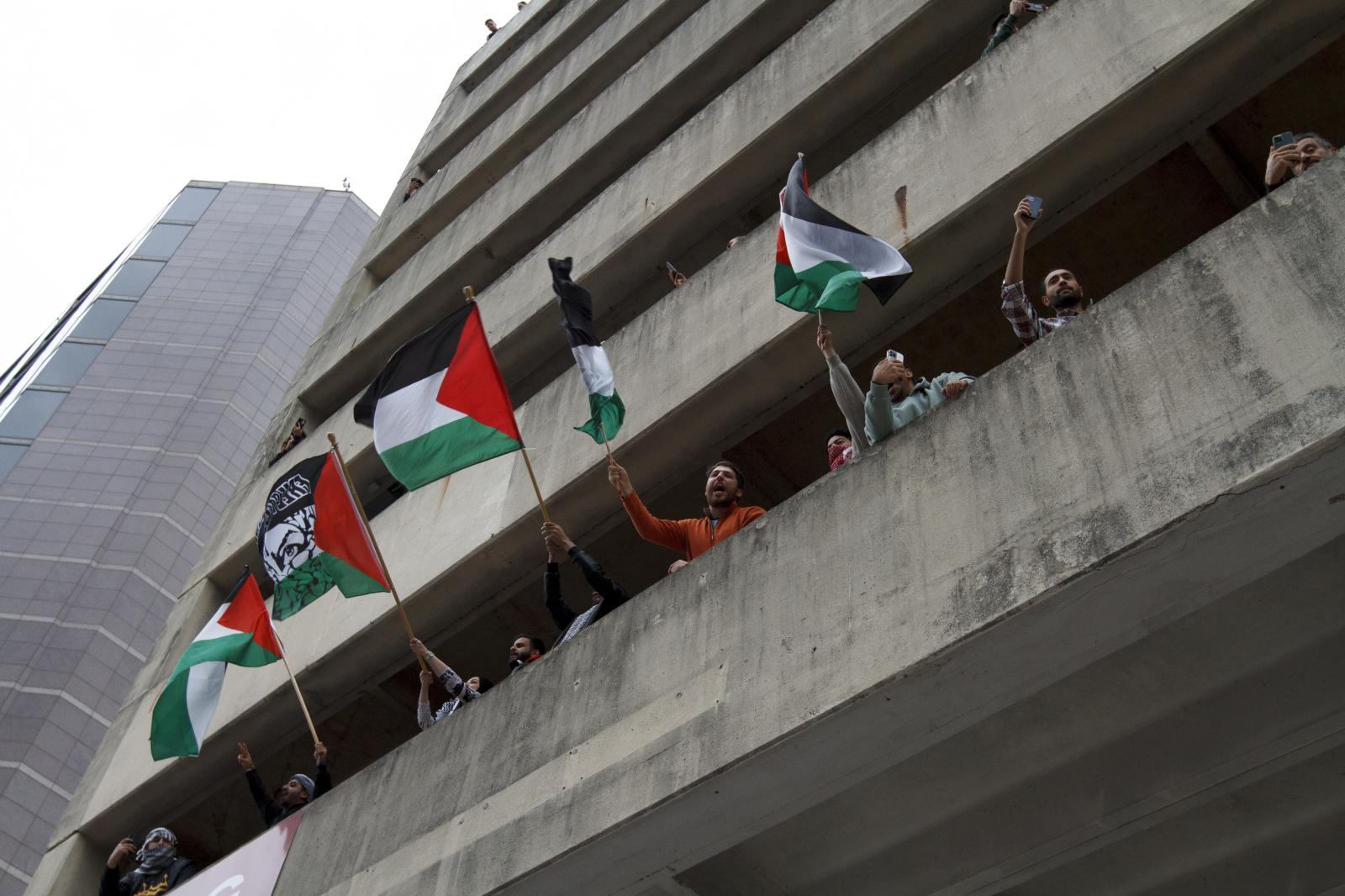 Palestinian supporters wave Pal...in its second month. Austin USA