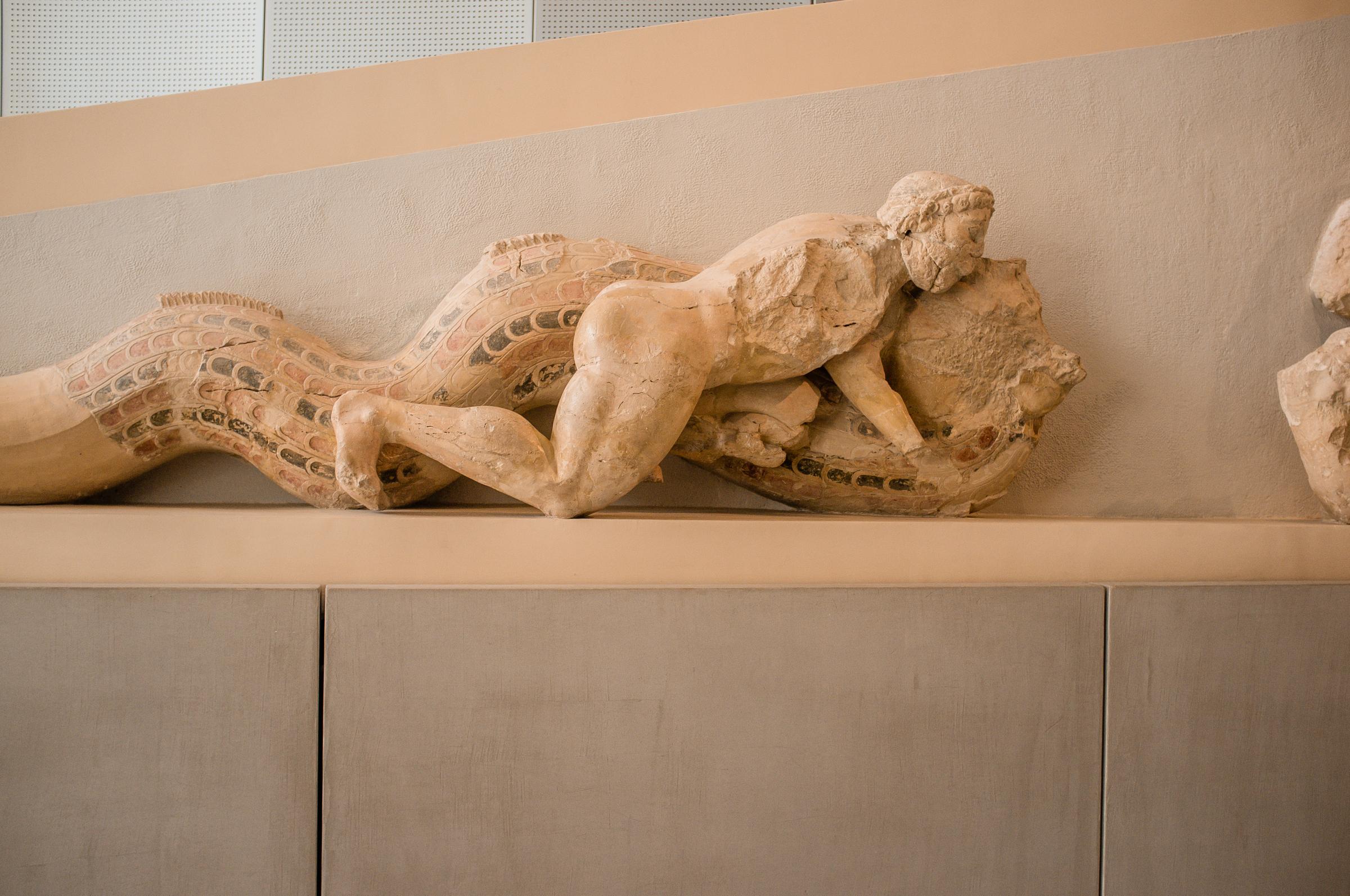 acropolis - the sculpture of Herakles wrestling with a sea deamon in...