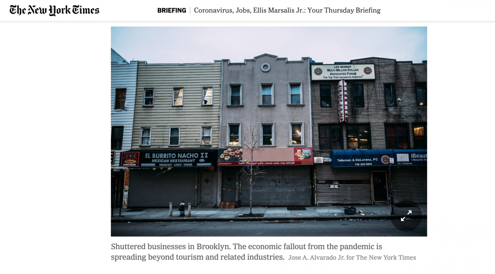 for The New York Times: Thursday Briefing: Shuttered businesses in Brooklyn. The economic fallout from the pandemic is spreading beyond tourism and related industries.