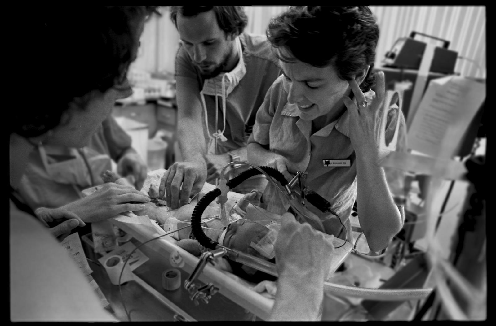 Neonatal intensive care unit nurse Janice Williams vents frustration on problem intubating pre-mature child. NICU University of Arizona Health Science Center Hospital. Tucson, Arizona,USA.