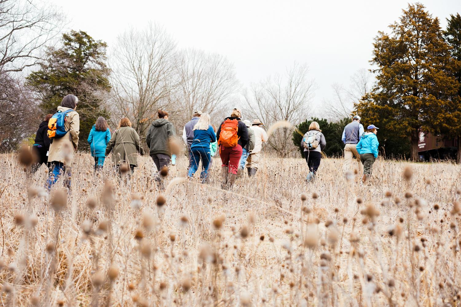 Teachers and members of the VAEE follow Mike Hayslett as he leads them through the wetlands at Sweet Briar College, 2020.