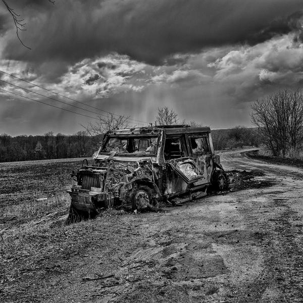 Natura Morta of a War - Eastern Europe - Ukraine, Okhtyrka: A destroyed Russian military vehicle in a rural area outside...