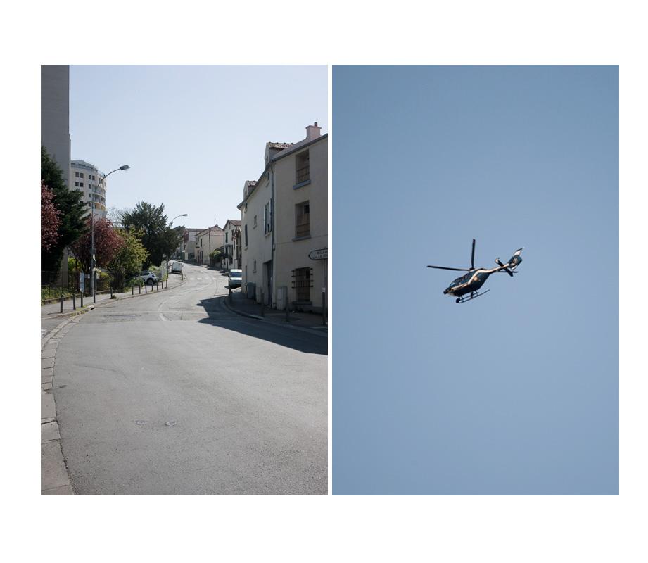 Empty L&eacute;nine street. April 8, 2020 A chopper from the Police forces patrolling. April 9, 2020 