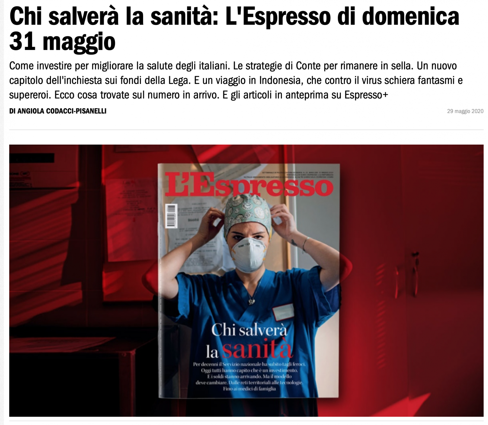 Today Cover of magazine L'ESPRESSO 