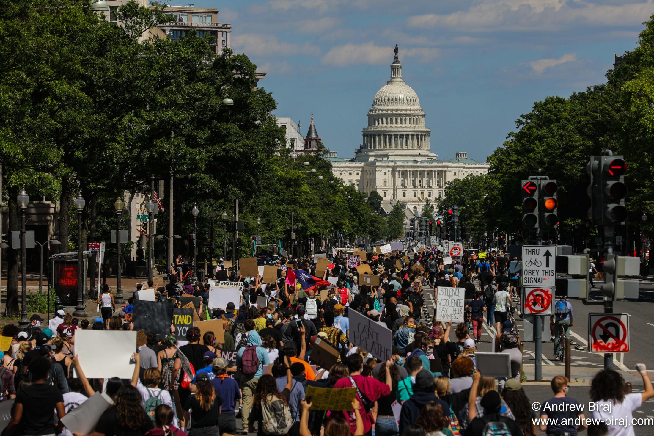 Demonstrators protest peacefully as they merge to the U.S Capitol in Washington, D.C., U.S.A. Thousands of people protest against the death in Minneapolis custody of George Floyd, in Washington on June 1, 2020.