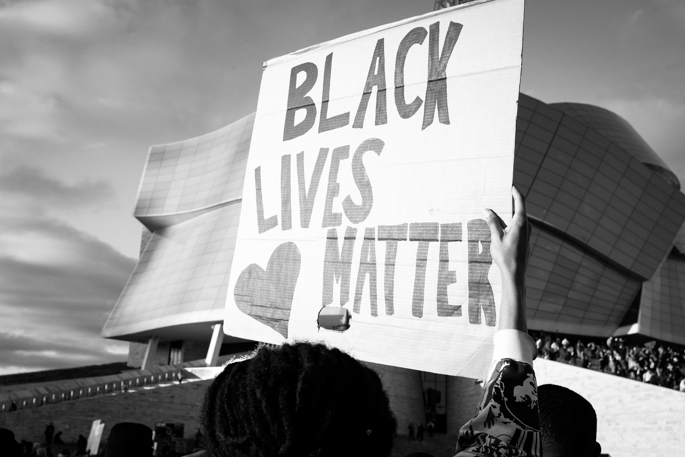Singles - A protestor holds a sign which reads "Black Lives...