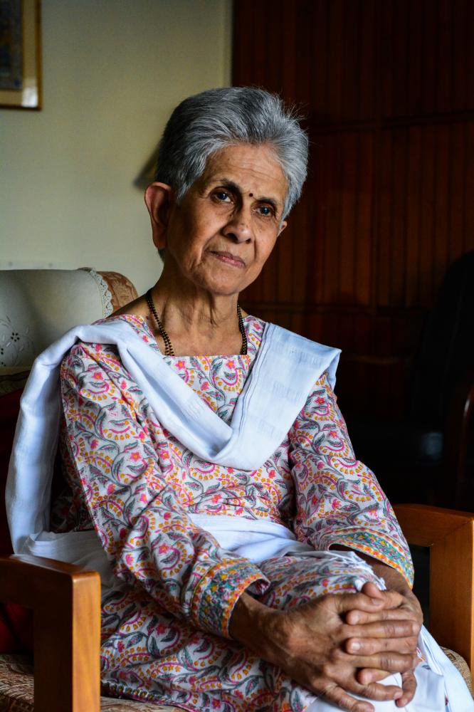 Shashi Deshpande an author in her late 80&#39;s photographed during her interview for The Indian Express about her book &quot;Listen to Me&quot;