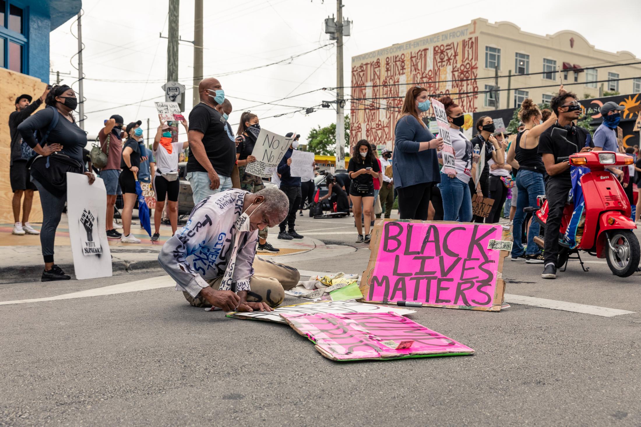 Miami, Black Lives Matter Protests - BLM Protest in Wynwood, Miami, Florida June 5, 2020 With words of protest all over his suit,...