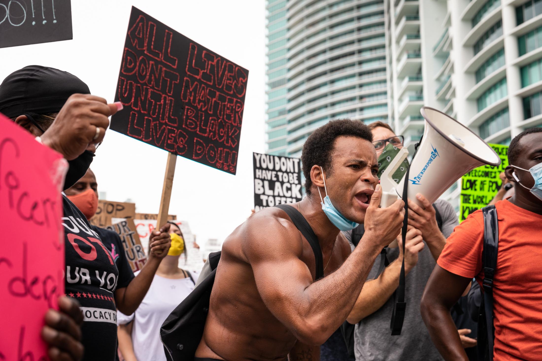 Miami, Black Lives Matter Protests - BLM Protest on Biscayne Blvd, Miami, Florida June 6, 2020 Jonathan Gartrelle stops to call out to...