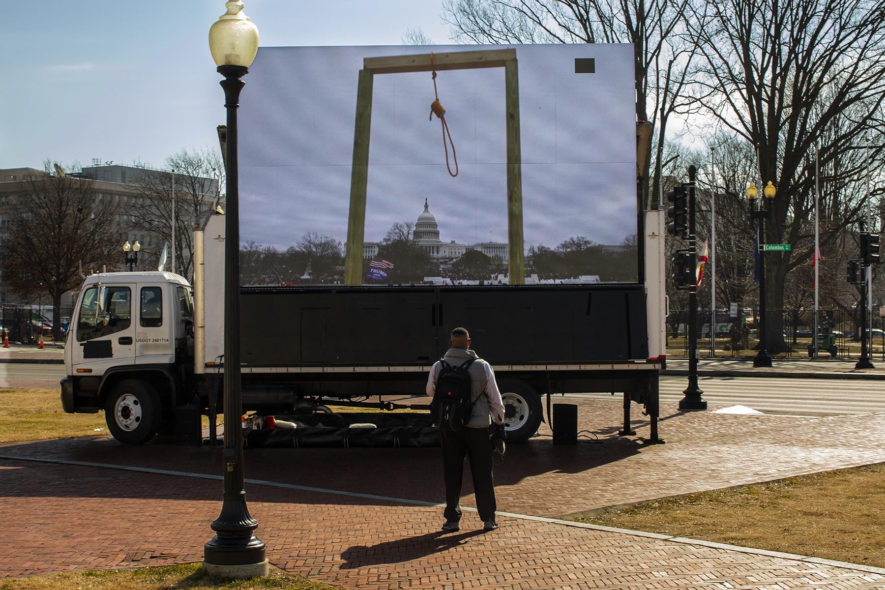 February 9, 2021, A sign truck is parked in front of Union Station, Washington D.C. on the first day of the Senate Impeachment Trial of former...