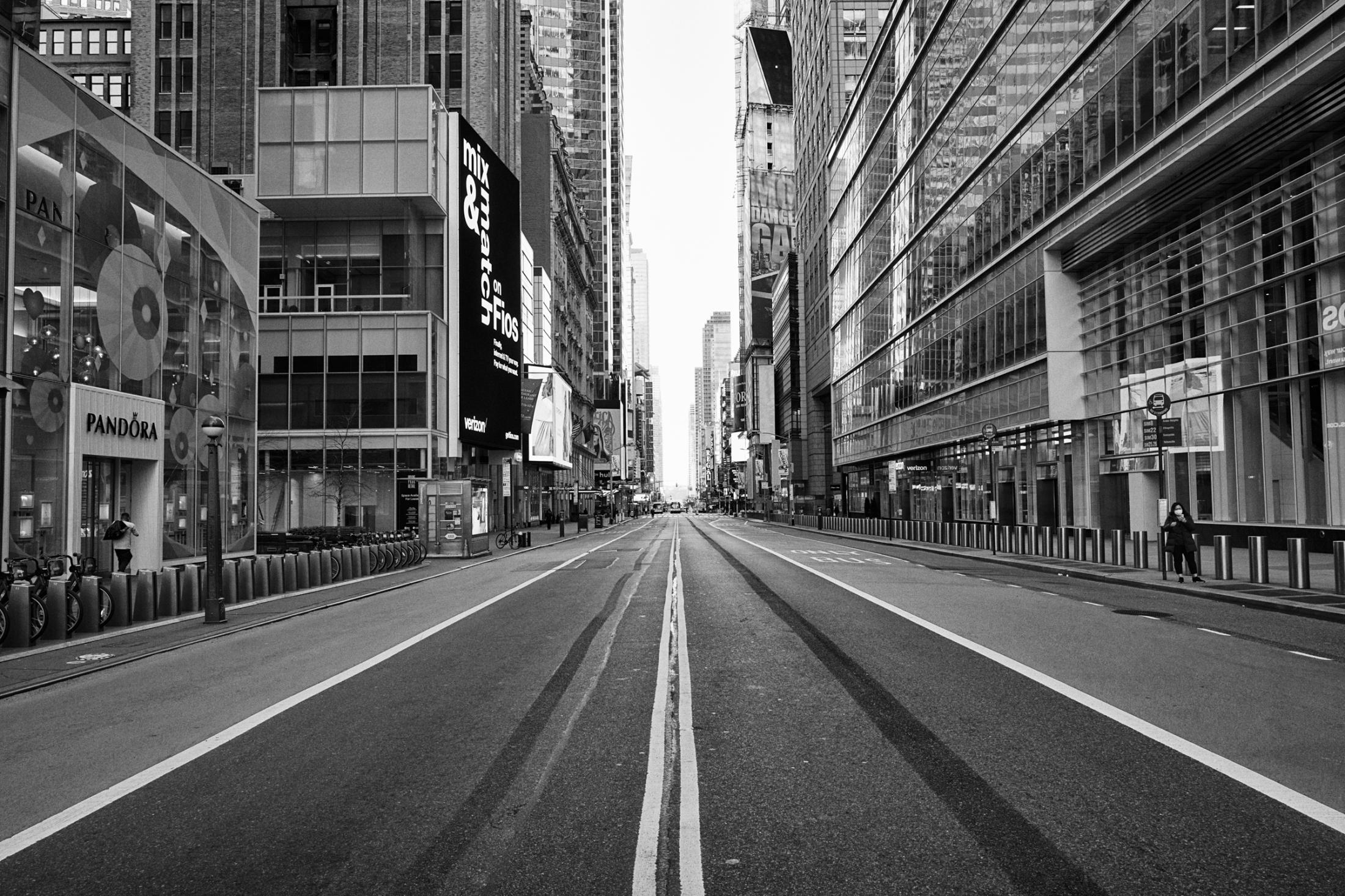 Dire Silence: NYC in Pandemic -  A street view from 42nd St., 6th Avenue, New York. Mar....