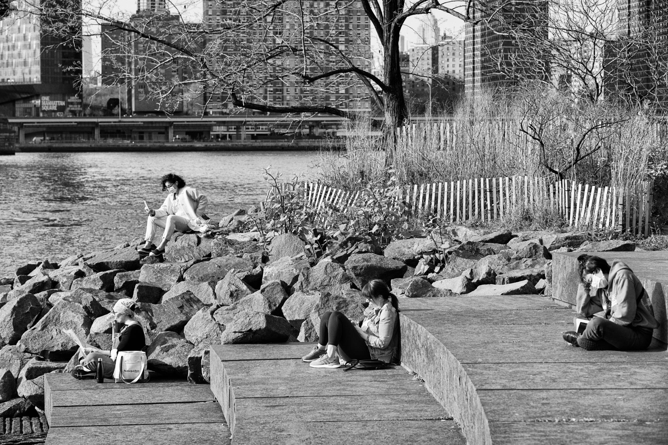 Dire Silence: NYC in Pandemic -  Brooklyn Bridge Park in Dumbo, Brooklyn, New York. Apr....