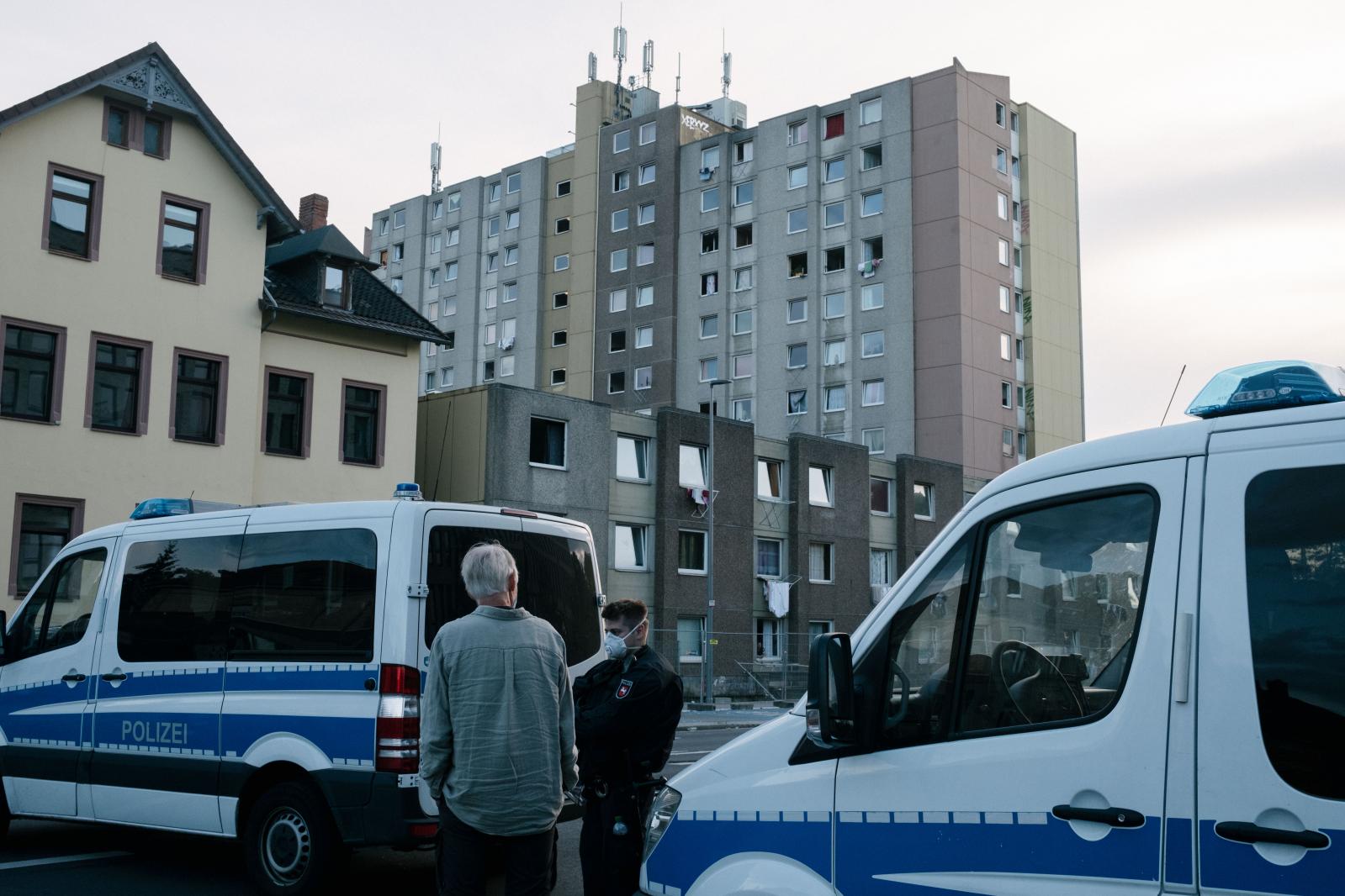 Tower Block Quarantine / "We are also humans" - Policevans block the access to the complex in the...