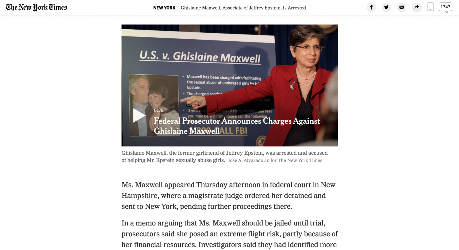 for The New York Times: Ghislaine Maxwell, Associate of Jeffrey Epstein, Is Arrested