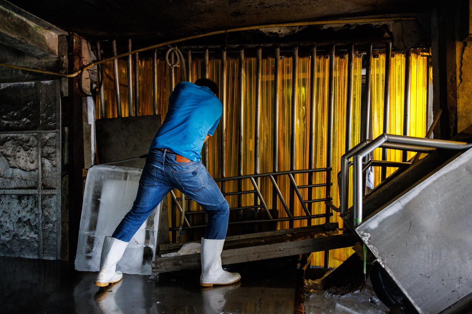 An employee at an ice factory l...nd seafood cool in wet markets.