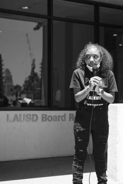Image from Black Lives Matter 2020 Protests - Student leader in front of LAUSD headquarters demanding...