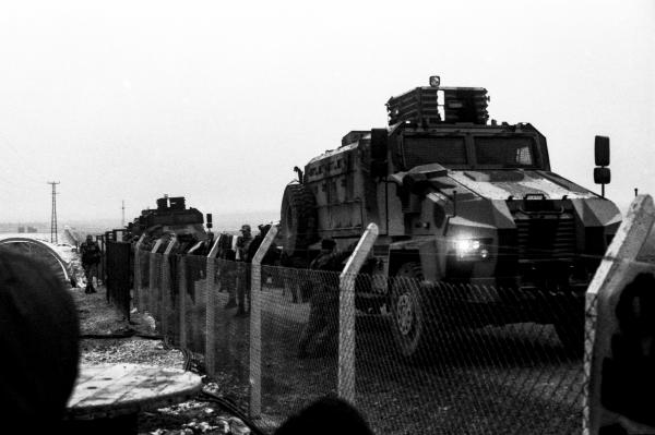 Image from Kobane in Exile - Turkish Military line up to intimidate a spontaneous...