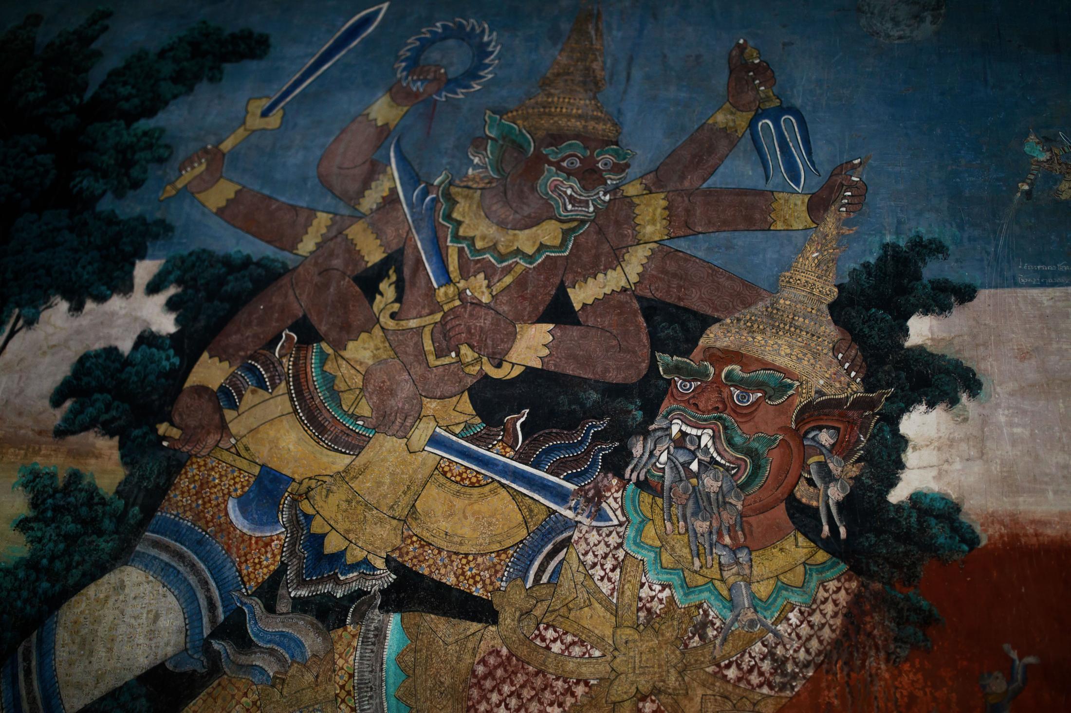  Reamker mural at the Royal Palace in Phnom Penh. This mural depicts different scenes from the fighting between Hanuman, the King of monkeys, and Indrajit, the first son of Kong Reap. The Reamker tale is the Khmer version of the ancient Ramayana tale. The mural was painted in 1903-1904. 