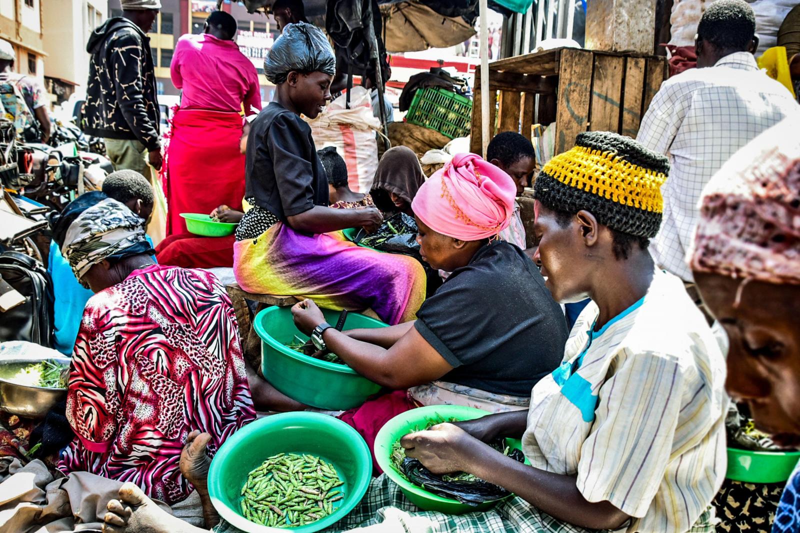 Women plucking grasshoppers in Nakasero.