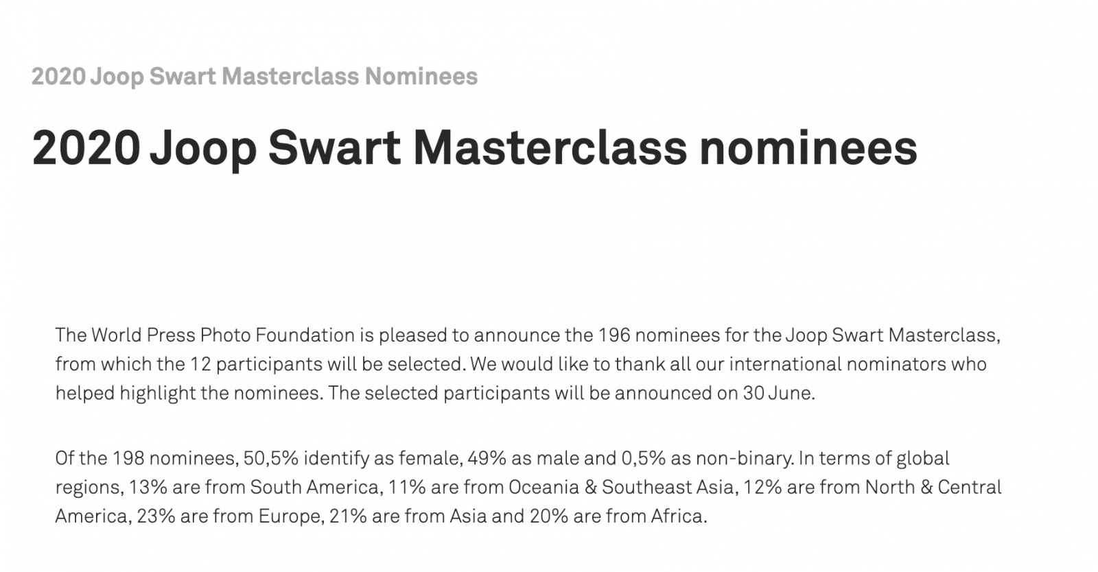 Nominee. 2020 Joop Swart Masterclass