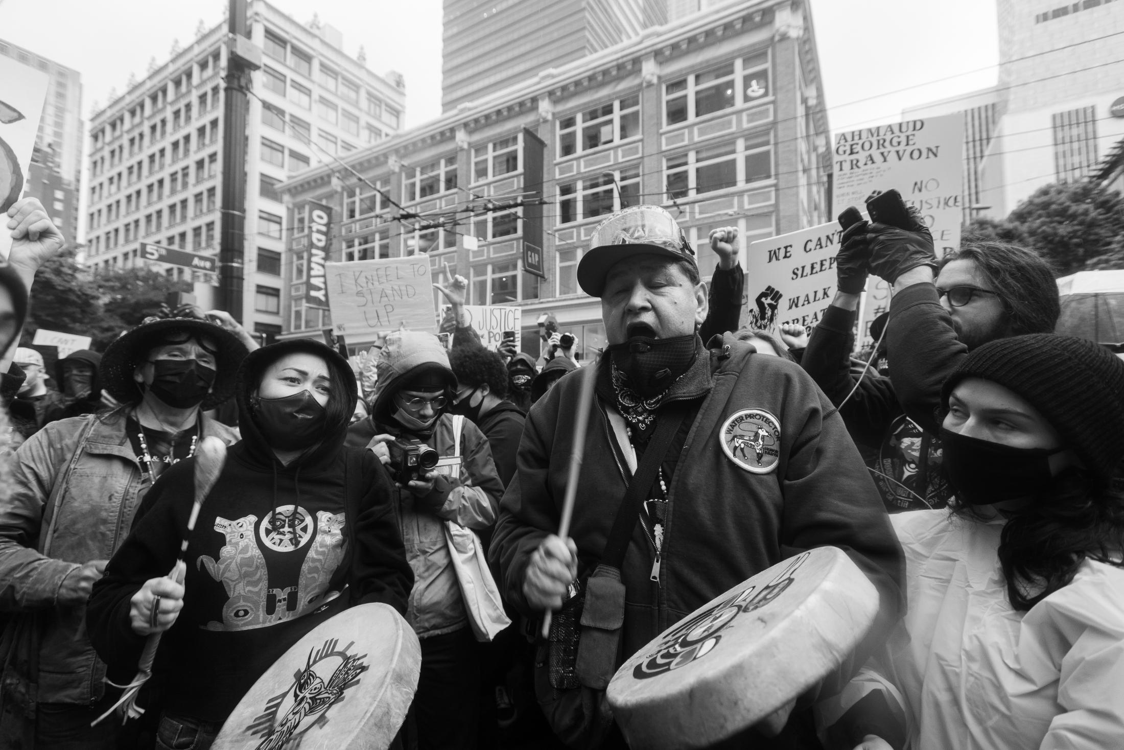 George Floyd Protests in Seattle, Washington - Pacific Northwest First Nation members protesting in the...