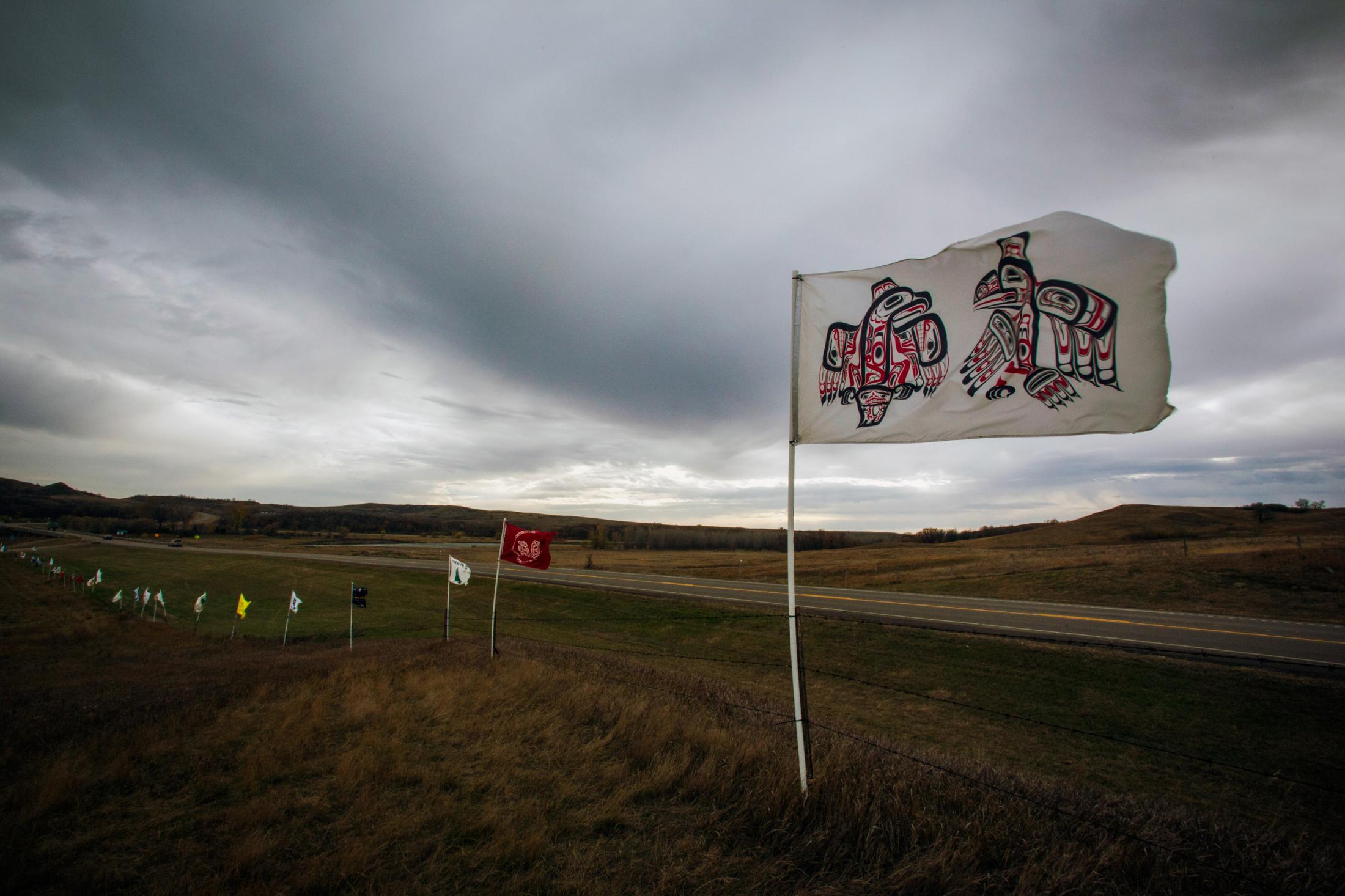 Over 300 tribal flags are posted around the Sacred Stone Camp in Cannon Ball, North Dakota. The flags represent each Indian nation that have visited the camp since its founding.