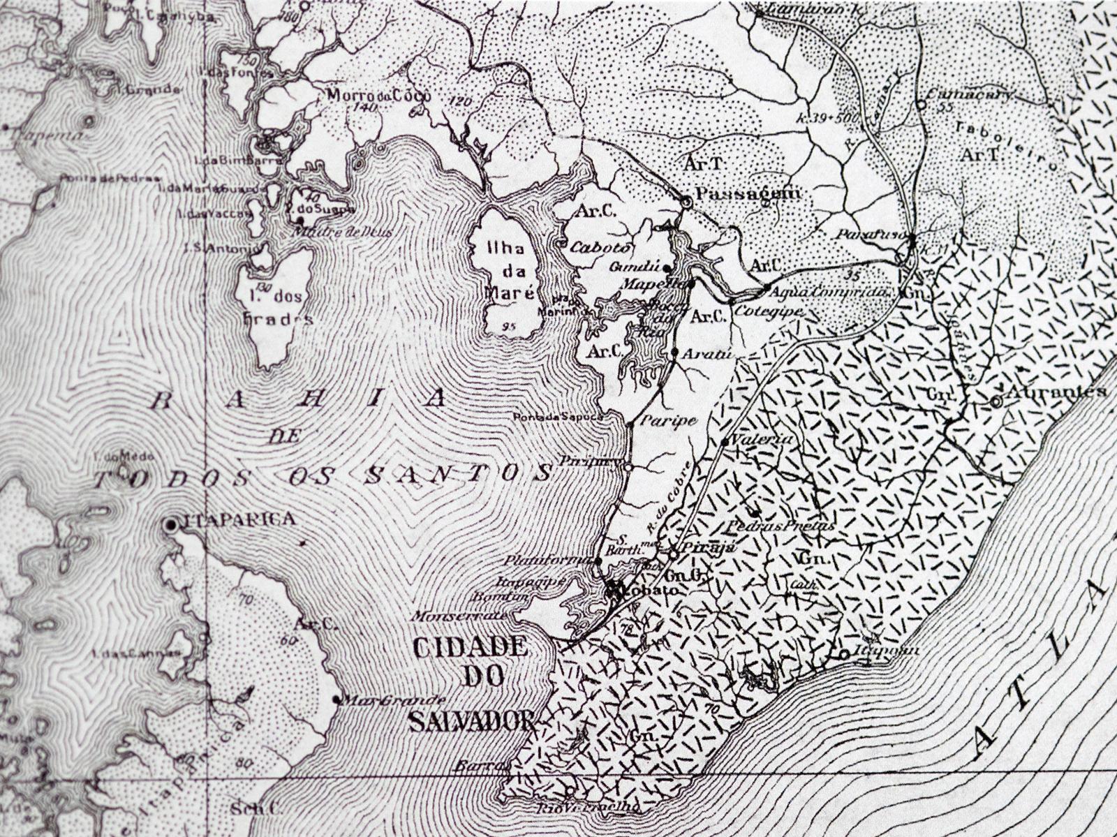 A detail of an historical map of the Todos os Santos Bay Salvador Brazil
