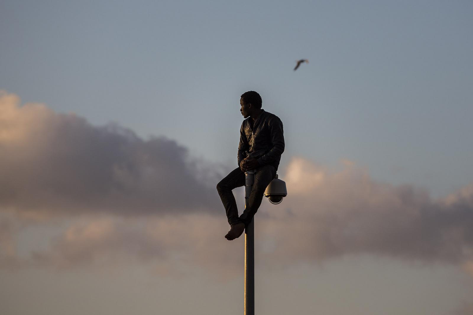 A man sits on top of a pole set...co. (&copy; Santi Palacios)