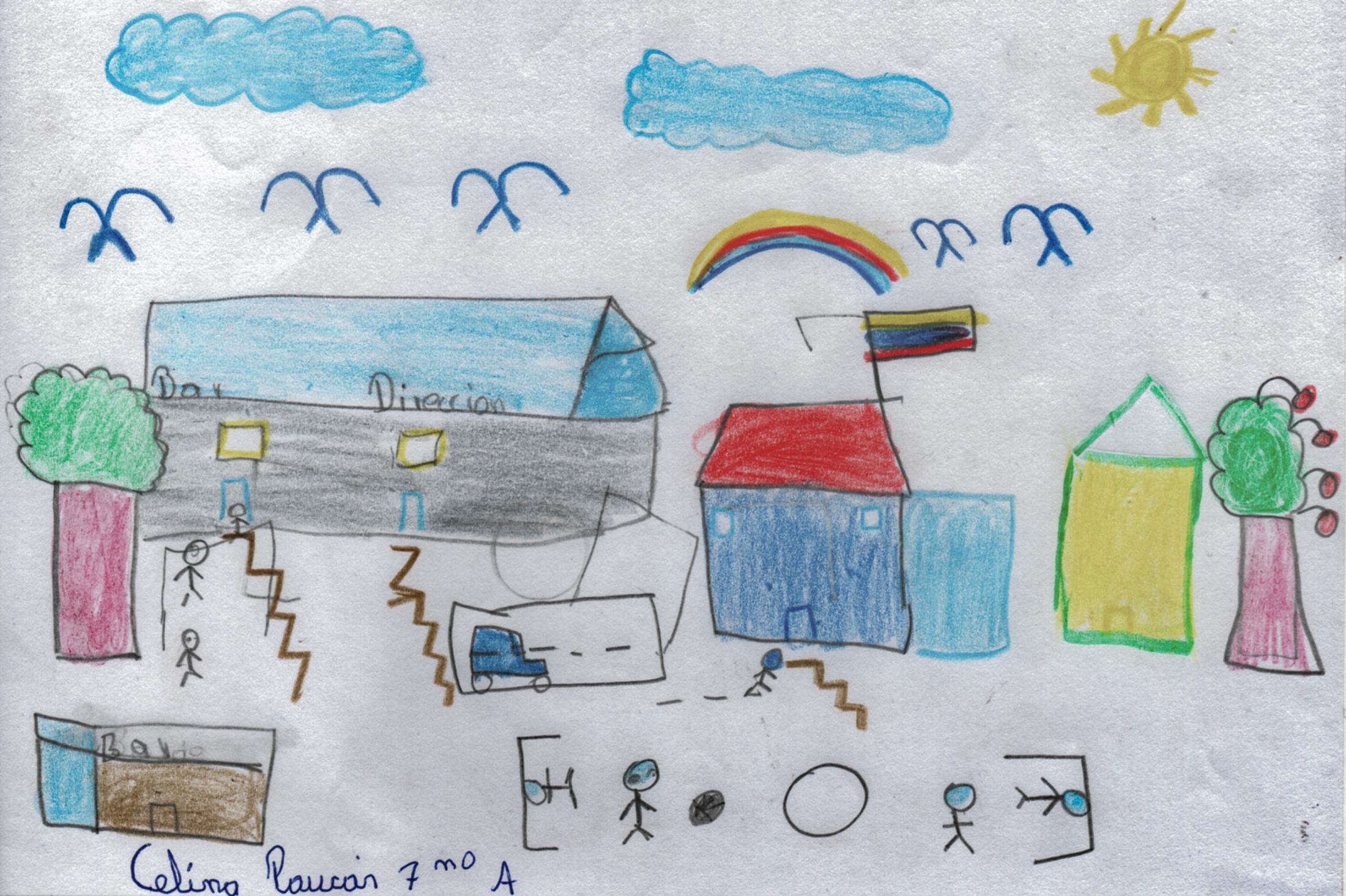 Drawing of the Ruperto Alarc&oacute;n Falcon&iacute; School by Celina Paucar (12), one of its students Many children miss school and the daily routine of their school days before they were suspended because of the health emergency. May 22, 2020. Cotogchoa-Ecuador. Andr&eacute;s Y&eacute;pez.
