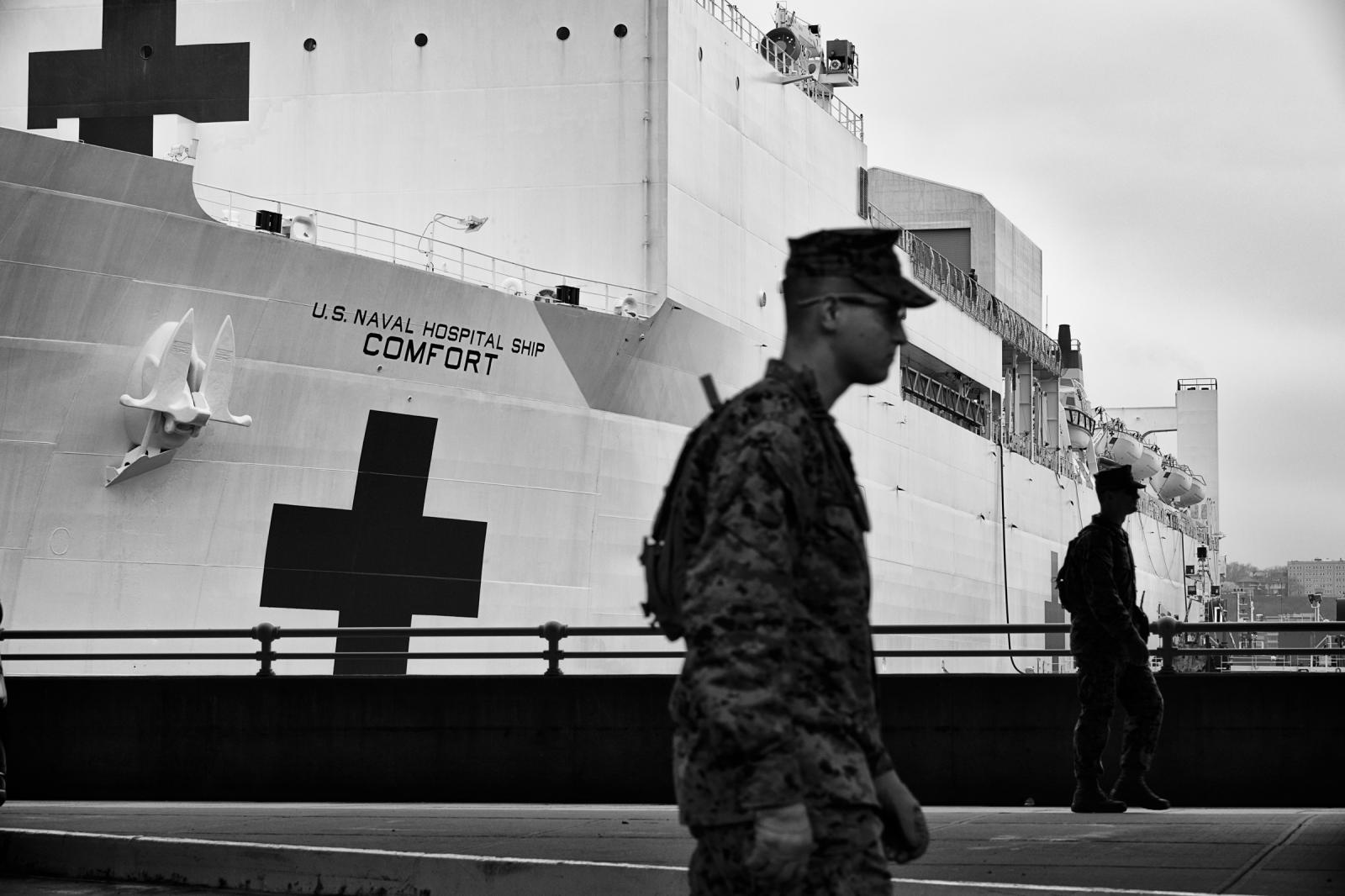 The U.S. Naval Hospital Ship Co...w York harbor on Apr. 30, 2020.