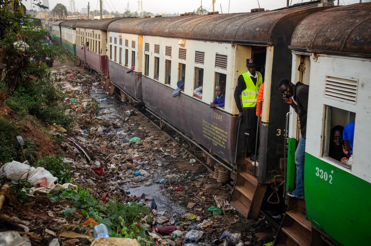 A train moves through trash in Kibera, Nairobi&rsquo;s largest slum.&nbsp;