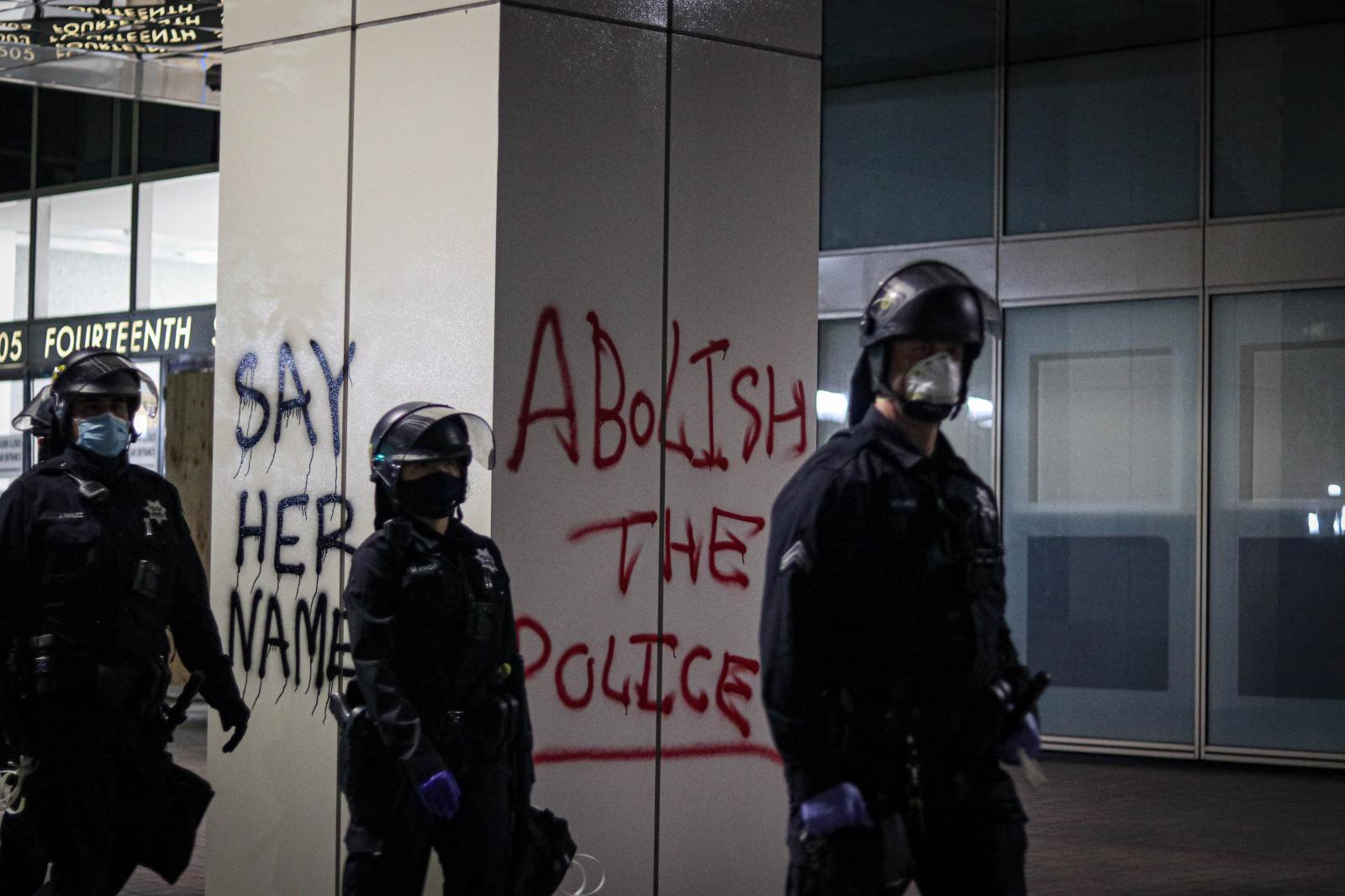 The Oakland police officers wal...Oakland, Calif., Aug. 28, 2020)