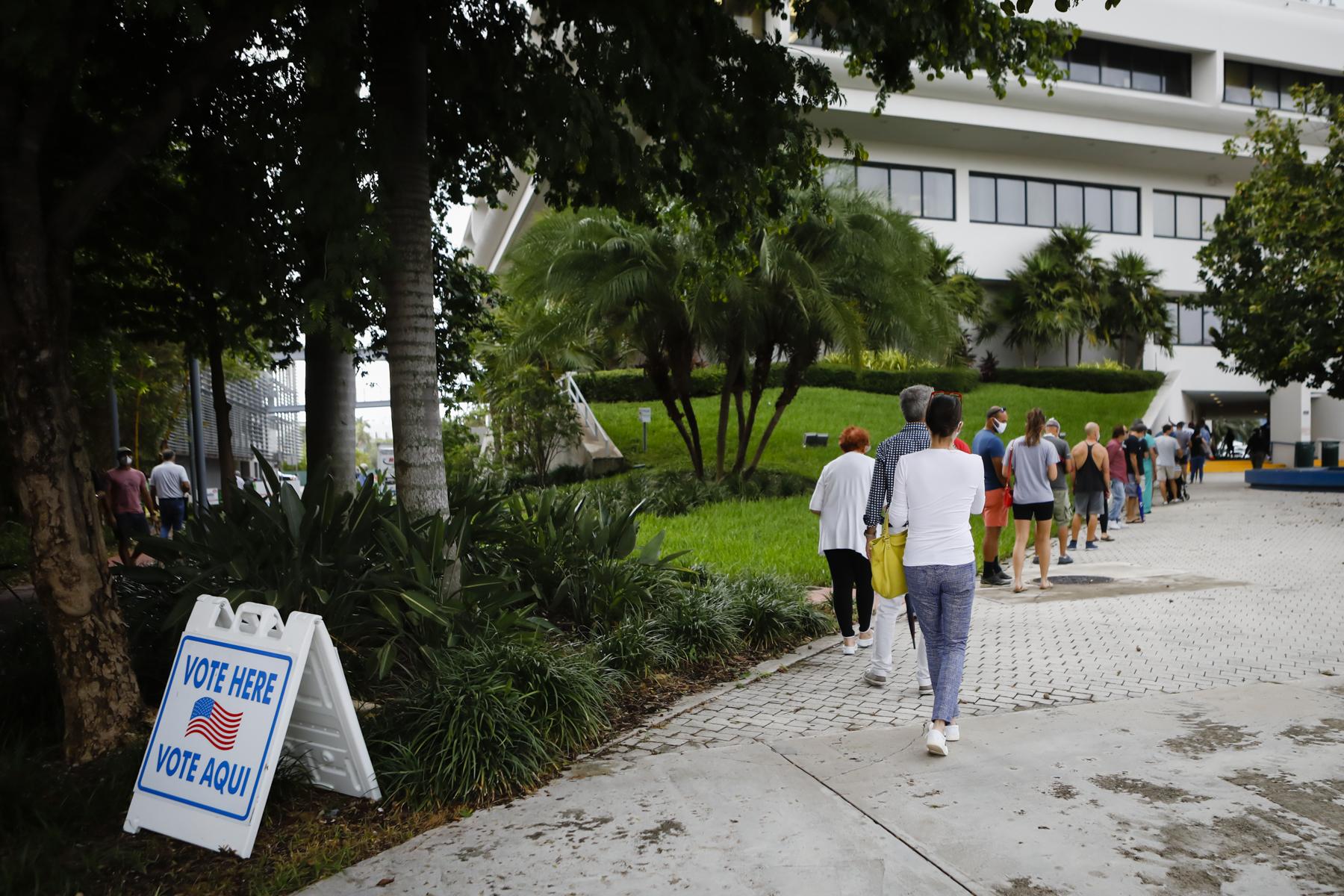 Election 2020 @ Miami, FL - Voters wait in line to cast their early ballots at Miami...