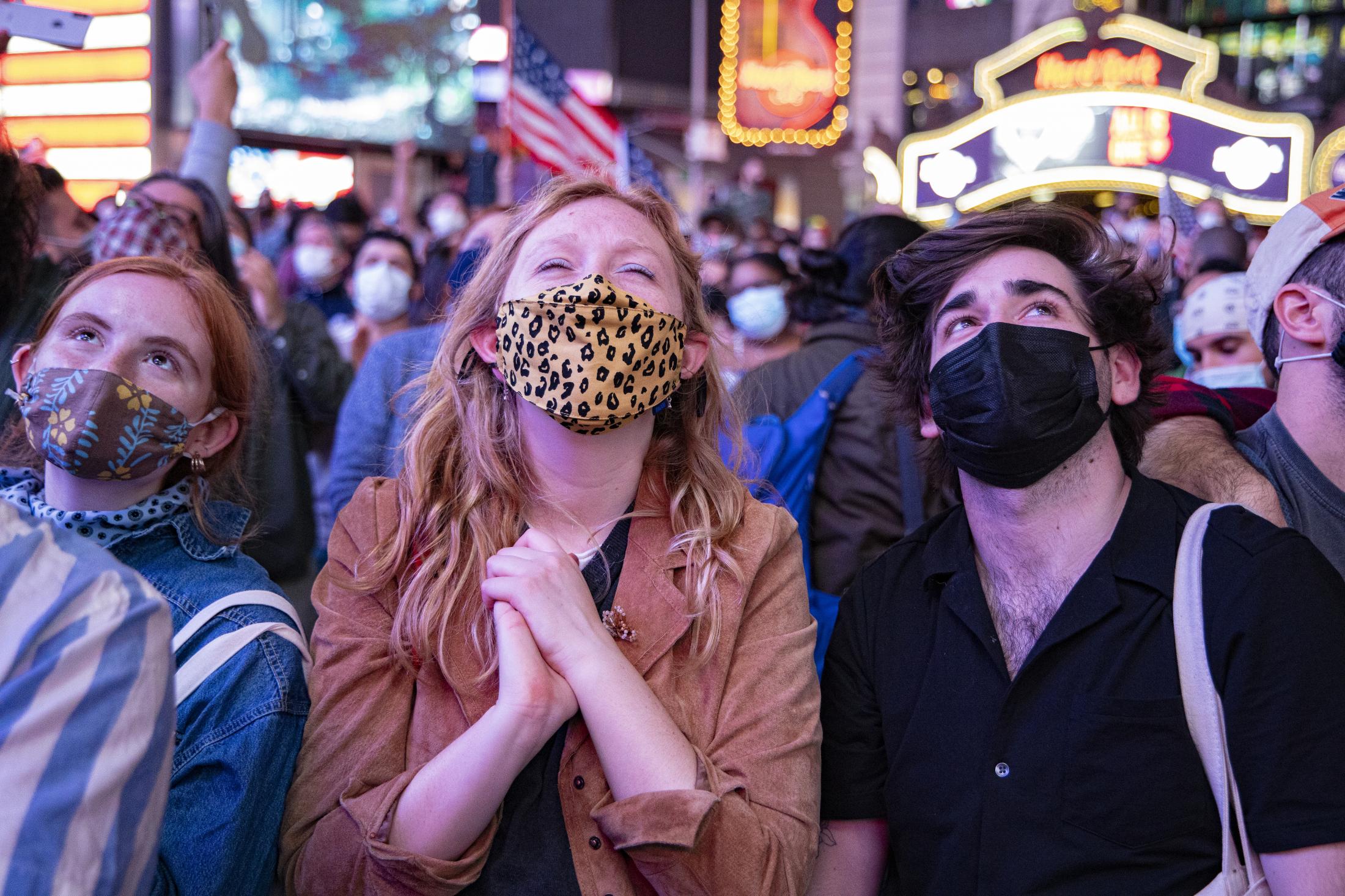 2020 Elections - Crowds gather in Times Square to listen to and celebrate...