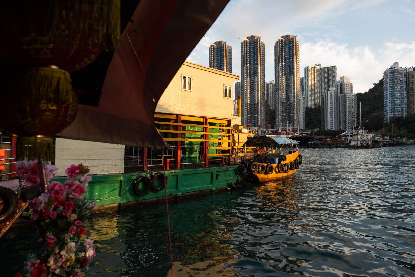 A sampan docks at one of the Ab...iers. Hong Kong, November 2020.