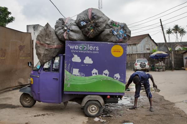 Image from Recycling Lagos  - Wecyclers collector Akinsowon Adefemi parks his vehicle...